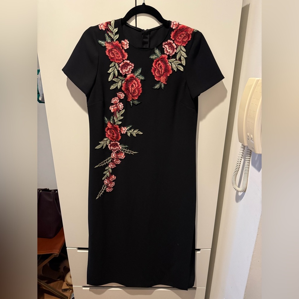 Elegant Black Dress with Red Floral Embroidery